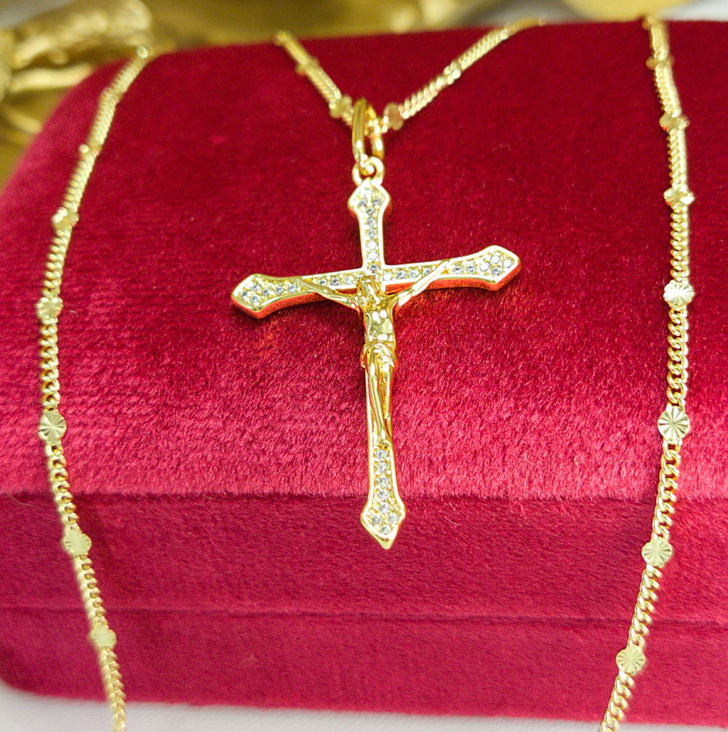 Cadena Destellos 65cm + Dije Cruz Cristo Circonias